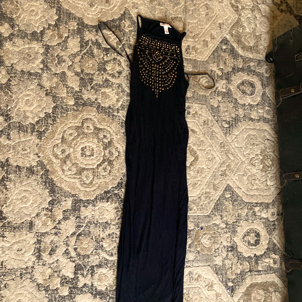 black maternity dress with gold beaded decal